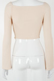 Apricot Fashion Daily Solid Patchwork Square Collar Mid Waist Tops