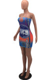 Deep Blue Sexy Print Patchwork Strapless Sheath Dresses