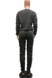 Black Casual Solid Fold O Neck Long Sleeve Two Pieces