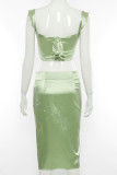 Green Casual Patchwork Frenulum Backless With Bow Spaghetti Strap Straight Dresses