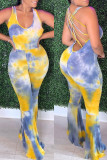 Multicolor Sexy Casual Print Tie Dye Backless U Neck Regular Jumpsuits