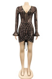 Blue Sexy Solid Sequins Split Joint Fold V Neck Pencil Skirt Dresses