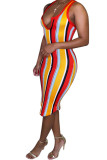 Red Polyester Fashion Sexy Red Blue Pink Yellow Wine Red Navy Blue Tank Sleeveless V Neck Hip skirt Knee-Length Striped Dresses