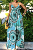Yellow Sexy Print Patchwork Spaghetti Strap Loose Jumpsuits