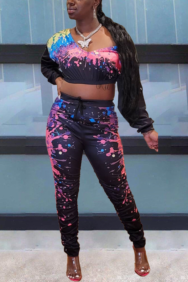 Black Casual Print Patchwork V Neck Long Sleeve Two Pieces