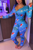 Blue Sexy Santa Hats Printed Split Joint O Neck Jumpsuits