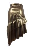 Gold PU Elastic Fly Mid Beading Hip skirt Skirts