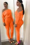 Orange Casual zipper Solid Polyester Long Sleeve one word collar Jumpsuits