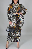Leopard Print Casual Print O Neck Plus Size 