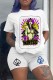 White Fashion Casual Print Basic O Neck Short Sleeve Two Pieces