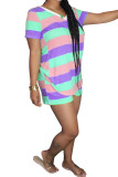purple Fashion Casual adult Ma'am Striped Two Piece Suits Straight Short Sleeve Two Pieces