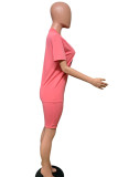 Pink Polyester Casual Print Straight Short Sleeve Two Pieces