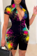 Black Sexy Patchwork Tie-dye Mandarin Collar Skinny Rompers