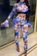 Blue Sexy Geometric Print Patchwork O Neck Long Sleeve Two Pieces
