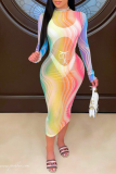 Colour Sexy Print See-through Half A Turtleneck Pencil Skirt Dresses