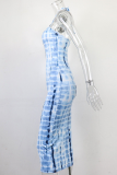 Blue Sexy Print Patchwork Halter Pencil Skirt Dresses