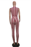 Pink Fashion Casual Striped Print With Belt V Neck Regular Jumpsuits