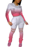 Pink Fashion Active adult Ma'am Burn-out Gradient Two Piece Suits pencil Long Sleeve Two Pieces