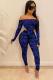 Blue Fashion adult Sexy Letter Print Two Piece Suits perspective Patchwork Mesh pencil Long Sle