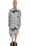 Black and white Casual Polyester Spandex Letter Patchwork Print Split Joint Buckle Basic Turn-back Collar Long Sleeve Knee Length Asymmetrical Dresses
