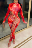 Red Sexy Print Hollowed Out Half A Turtleneck Skinny Jumpsuits