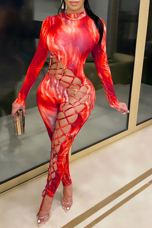 Red Sexy Print Hollowed Out Half A Turtleneck Skinny Jumpsuits
