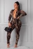 Leopard print Celebrities Fashion adult Two Piece Suits Leopard Bandage Print pencil Long Sleeve Two-pi
