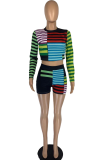 Green Casual Striped Patchwork O Neck Long Sleeve Two Pieces