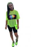 Fluorescent green Polyester Casual Fashion perspective Solid Fluorescent Patchwork Straight Two-Piece Short Set