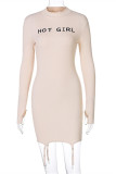 Apricot Fashion Casual Letter Print Asymmetrical Turtleneck Long Sleeve Dresses