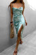 Green Print Backless High Opening Spaghetti Strap Straight Dresses