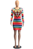 Multi-color Polyester adult Casual Fashion Cap Sleeve Long Sleeves O neck Step Skirt Mini Animal Print Striped
