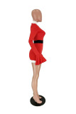 Red Sexy Solid Split Joint Turtleneck Pencil Skirt Dresses