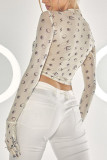 White Sweet Print Hollowed Out Patchwork See-through O Neck Mid Waist Tops