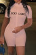 Pink Fashion Casual Letter Embroidered Zipper Collar Skinny Romper