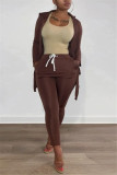 Coffee Fashion Casual Solid Slit Turtleneck Long Sleeve Two Pieces