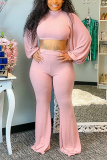 Pink Casual Solid Patchwork Turtleneck Long Sleeve Two Pieces