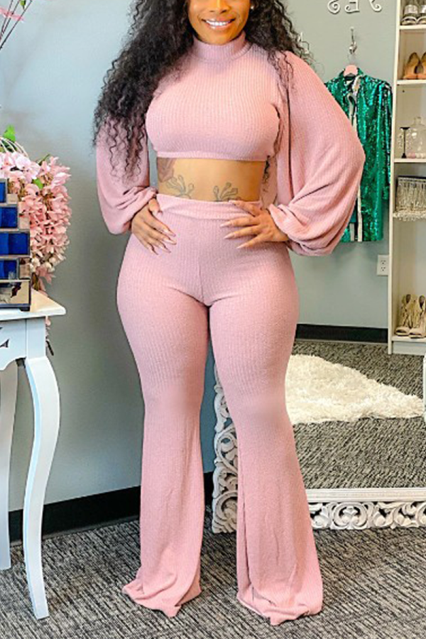 Pink Casual Solid Patchwork Turtleneck Long Sleeve Two Pieces