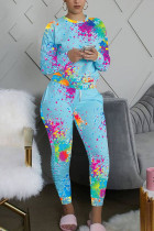 Baby Blue Fashion Sexy Adult Print Split Joint O Neck Long Sleeve Regular Sleeve Regular Two Pieces