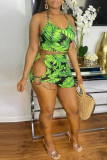 Green Fashion Sexy Print Backless Halter Sleeveless Two Pieces
