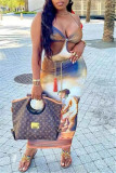 Multicolor Fashion Sexy Print Backless Strap Design Halter Sleeveless Dress