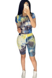 Grey Fashion Sexy adult Ma'am Patchwork Print Two Piece Suits pencil Short Sleeve Two Pieces