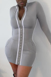 Grey Sexy Polyester Cotton Blends Patchwork Split Joint Basic Mandarin Collar Long Sleeve Mini Pencil Skirt Dresses