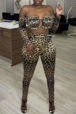 Multicolor Sexy Print Leopard Hollowed Out Backless Off the Shoulder Long Sleeve Two Pieces