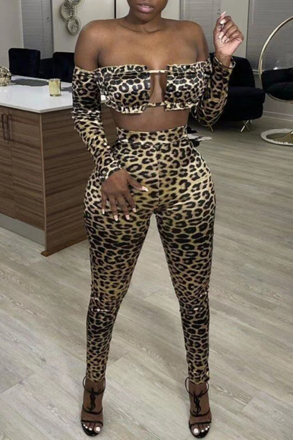 Multicolor Sexy Print Leopard Hollowed Out Backless Off the Shoulder Long Sleeve Two Pieces