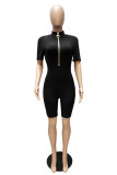 Blue Fashion Casual Solid Basic Zipper Collar Skinny Romper
