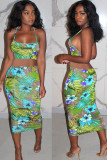 Blue Fashion Lightly cooked Floral Print Two Piece Suits pencil Sleeveless Two Pieces
