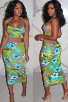 Green Polyester Fashion Lightly cooked Floral Print Two Piece Suits pencil Sleeveless Two Pieces