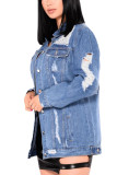 Baby Blue Fashion Sexy Adult Solid Ripped Turndown Collar Long Sleeve Loose Denim
