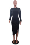 Black Elegant Solid Split Joint Slit O Neck Pencil Skirt Dresses